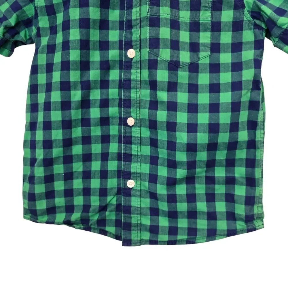 Old Navy Boys XS Classic Shirt Green Blue Plaid Short Sleeve Button Up Shirt